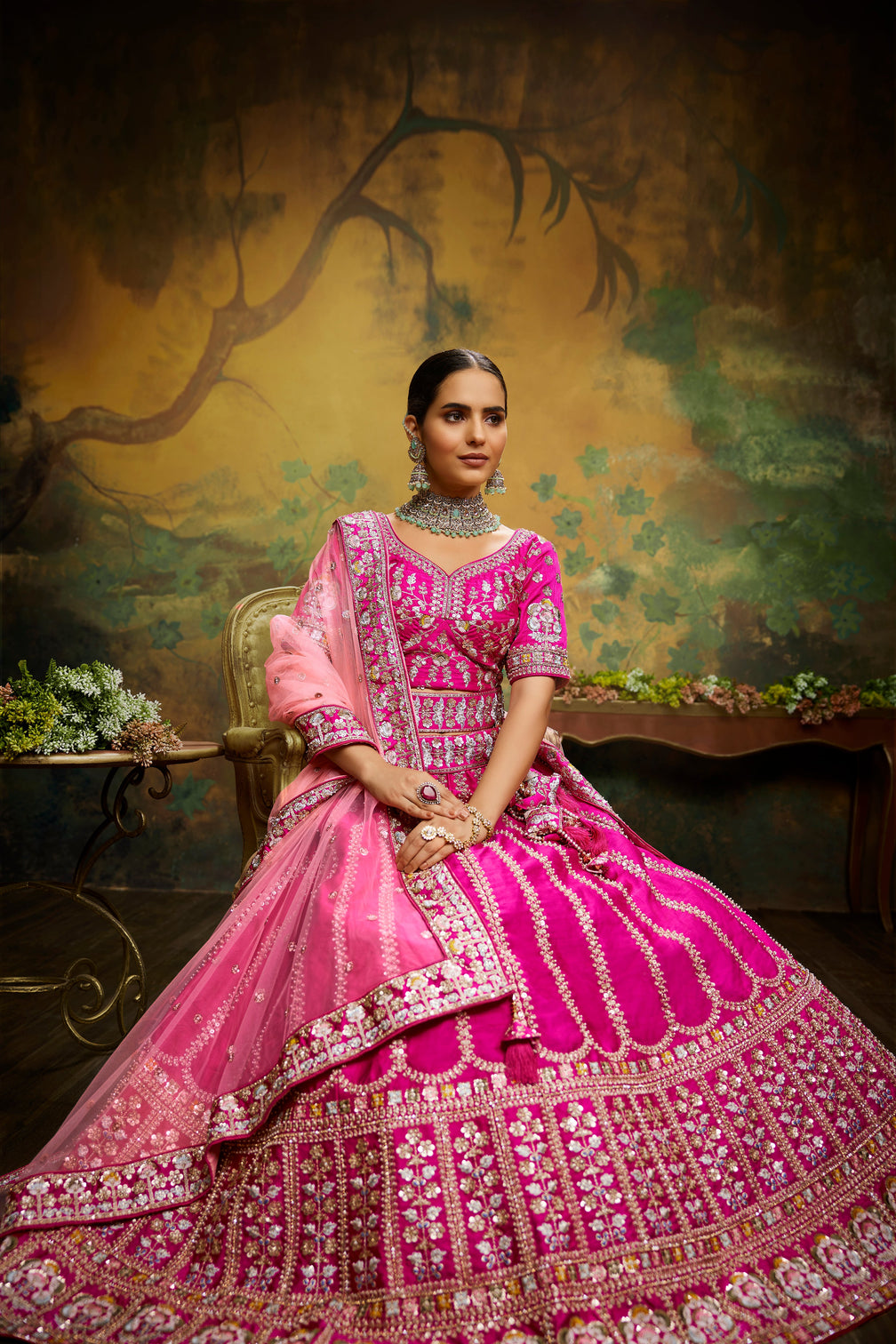 Pink Pure Silk Moti & Zarkan heavy embroidery Semi-Stitched Lehenga choli & Dupatta