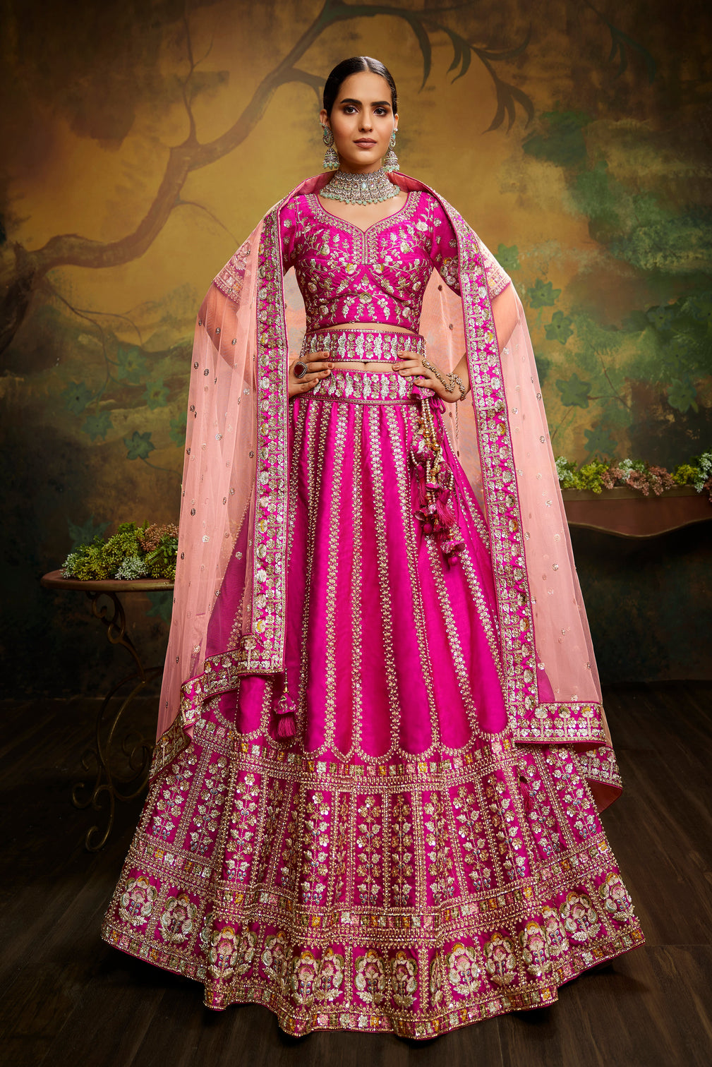 Pink Pure Silk Moti & Zarkan heavy embroidery Semi-Stitched Lehenga choli & Dupatta