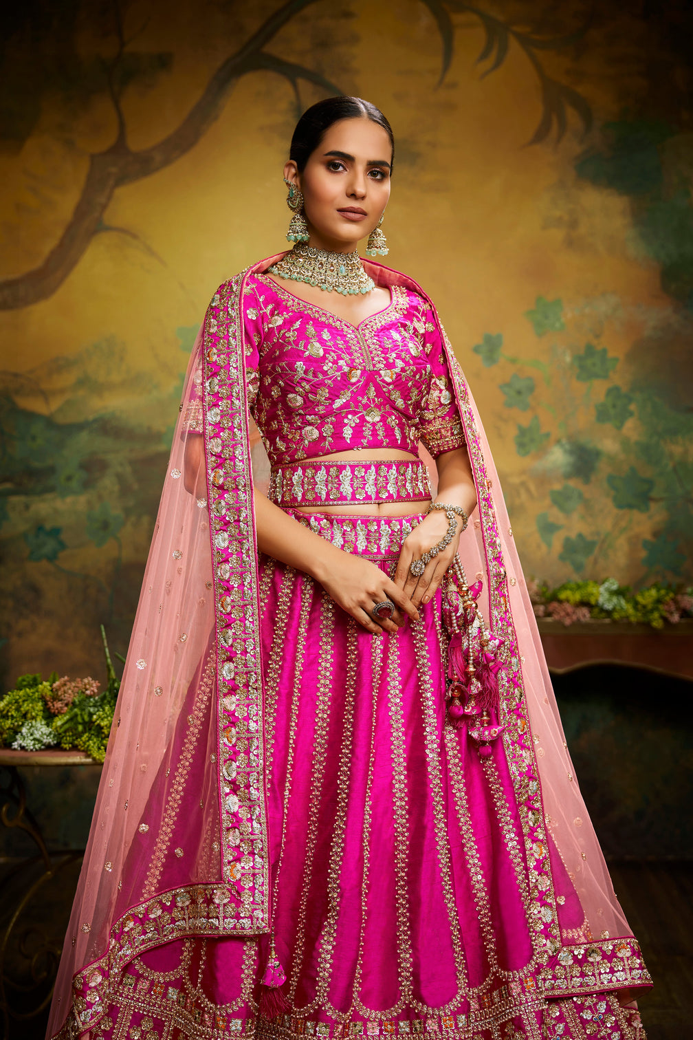 Pink Pure Silk Moti & Zarkan heavy embroidery Semi-Stitched Lehenga choli & Dupatta