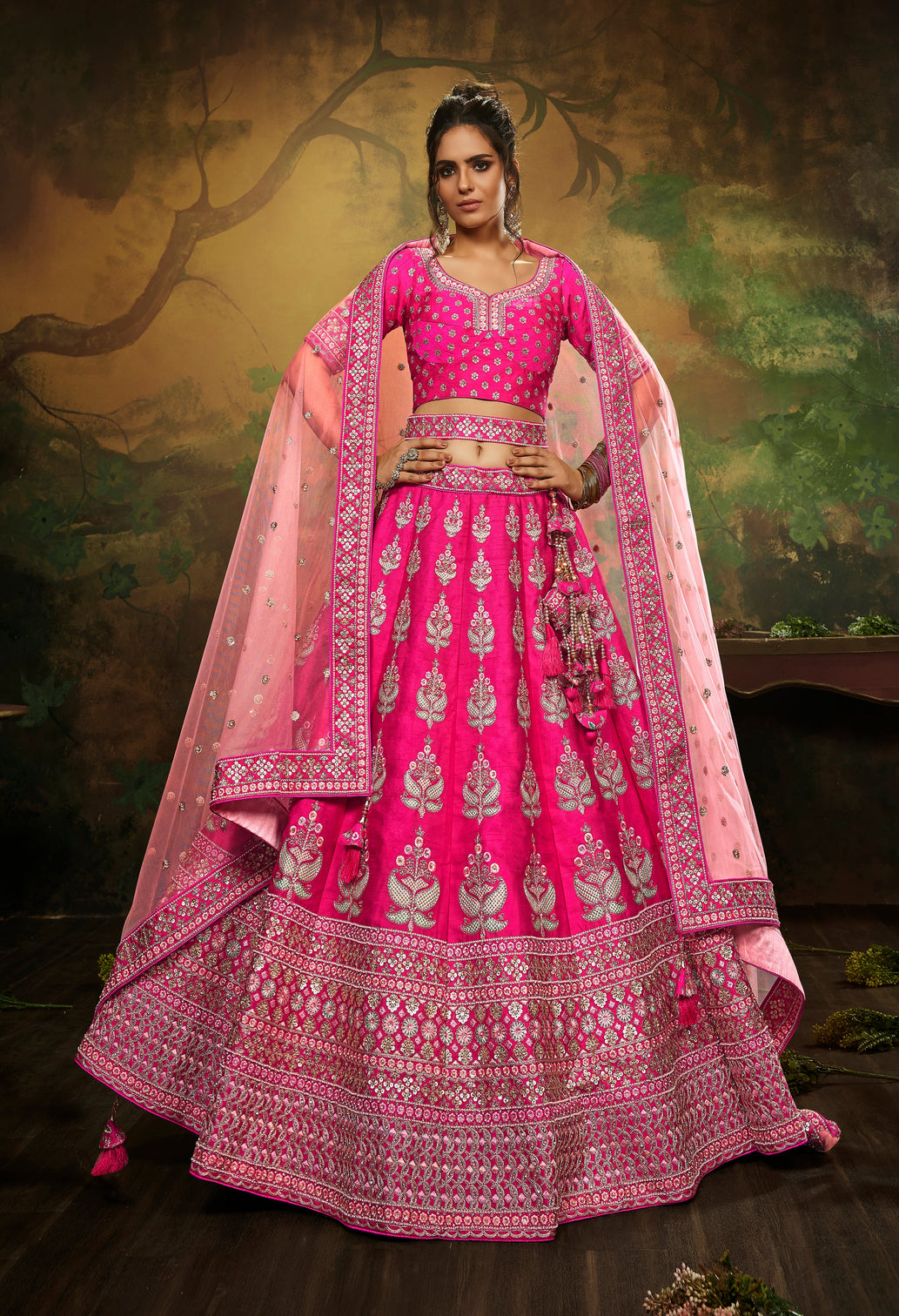 Pink Pure Silk Moti & Zarkan heavy embroidery Semi-Stitched Lehenga choli & Dupatta
