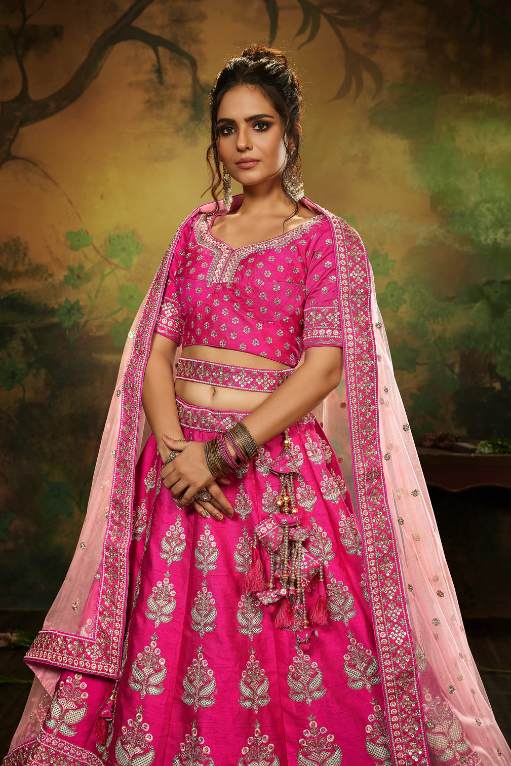 Pink Pure Silk Moti & Zarkan heavy embroidery Semi-Stitched Lehenga choli & Dupatta