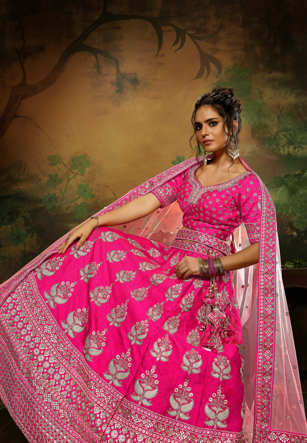 Pink Pure Silk Moti & Zarkan heavy embroidery Semi-Stitched Lehenga choli & Dupatta