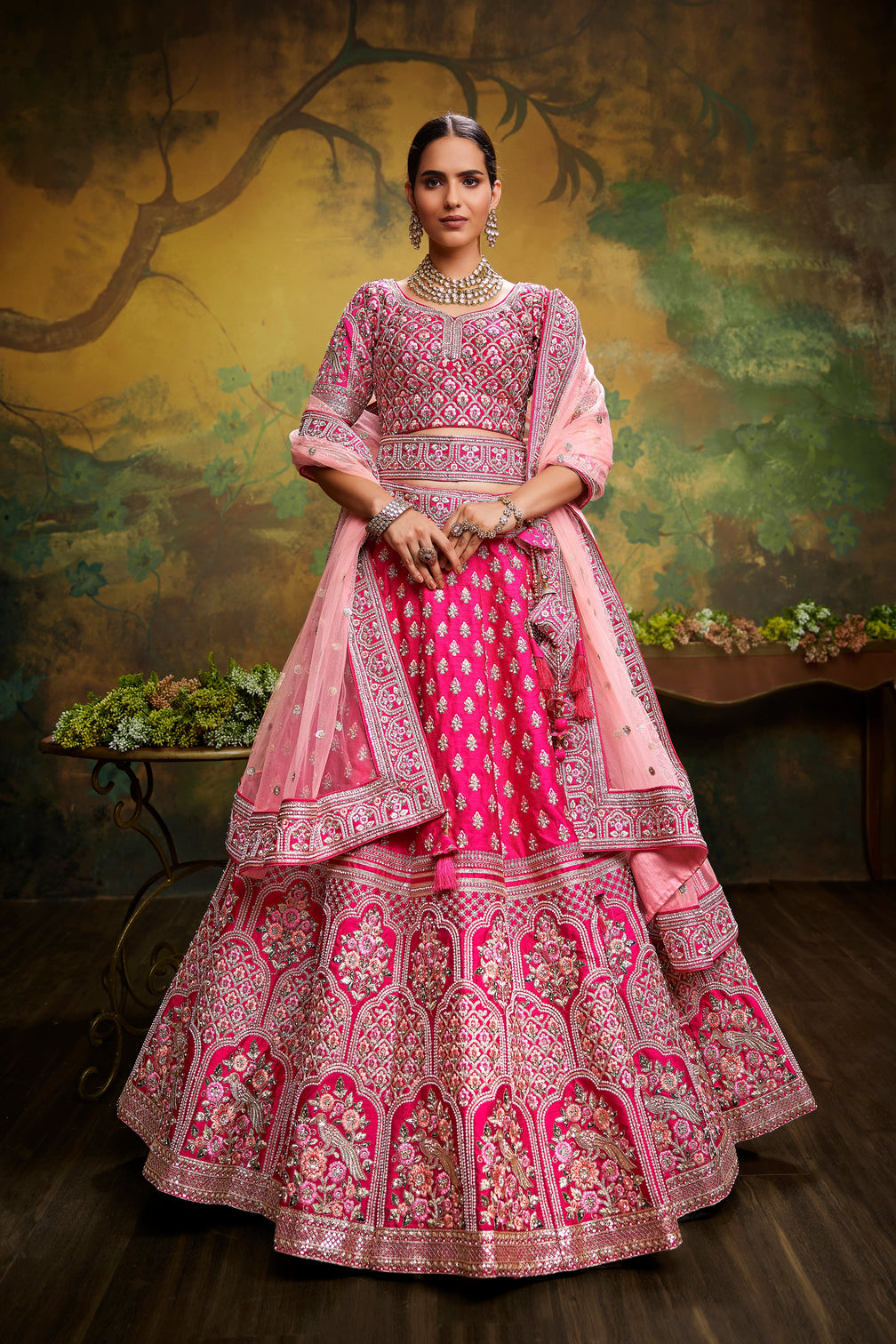 Pink Pure Silk Moti & Zarkan heavy embroidery Semi-Stitched Lehenga choli & Dupatta
