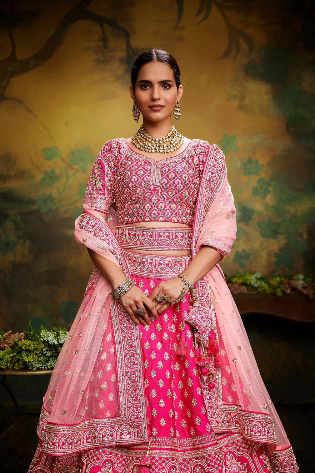 Pink Pure Silk Moti & Zarkan heavy embroidery Semi-Stitched Lehenga choli & Dupatta