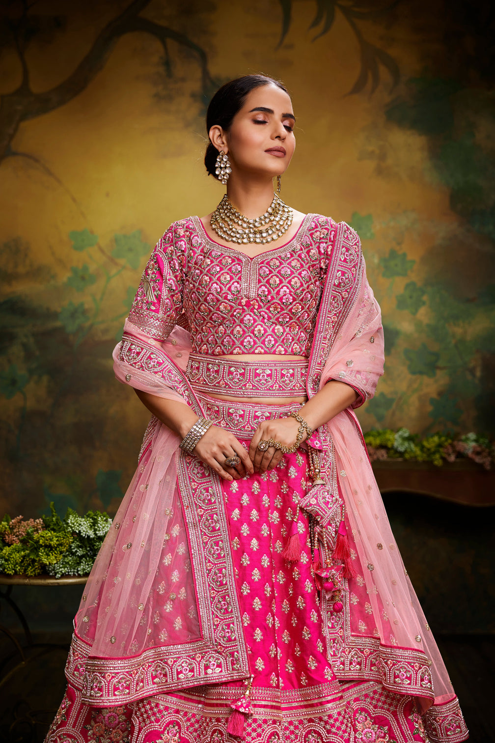 Pink Pure Silk Moti & Zarkan heavy embroidery Semi-Stitched Lehenga choli & Dupatta