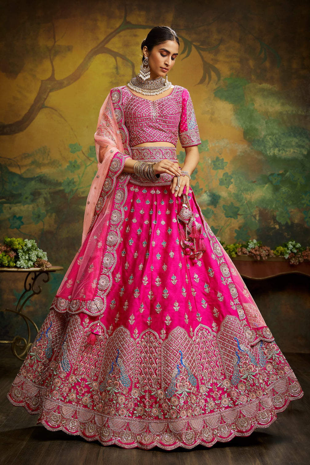 Pink Pure Silk Moti & Zarkan heavy embroidery Semi-Stitched Lehenga choli & Dupatta