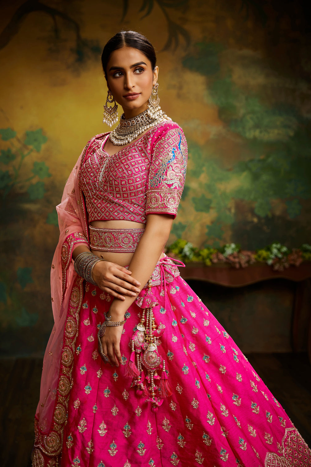 Pink Pure Silk Moti & Zarkan heavy embroidery Semi-Stitched Lehenga choli & Dupatta