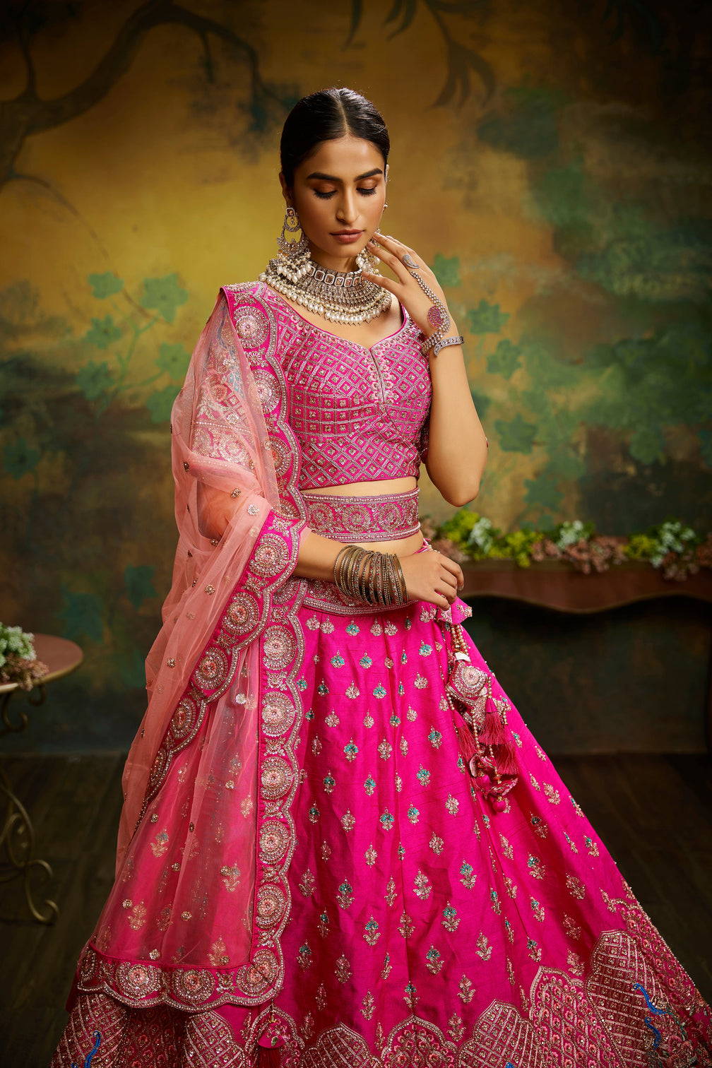Pink Pure Silk Moti & Zarkan heavy embroidery Semi-Stitched Lehenga choli & Dupatta