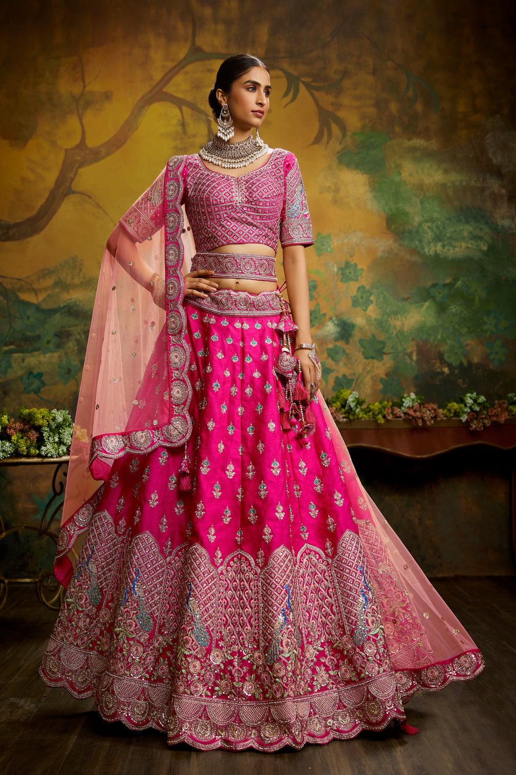 Pink Pure Silk Moti & Zarkan heavy embroidery Semi-Stitched Lehenga choli & Dupatta