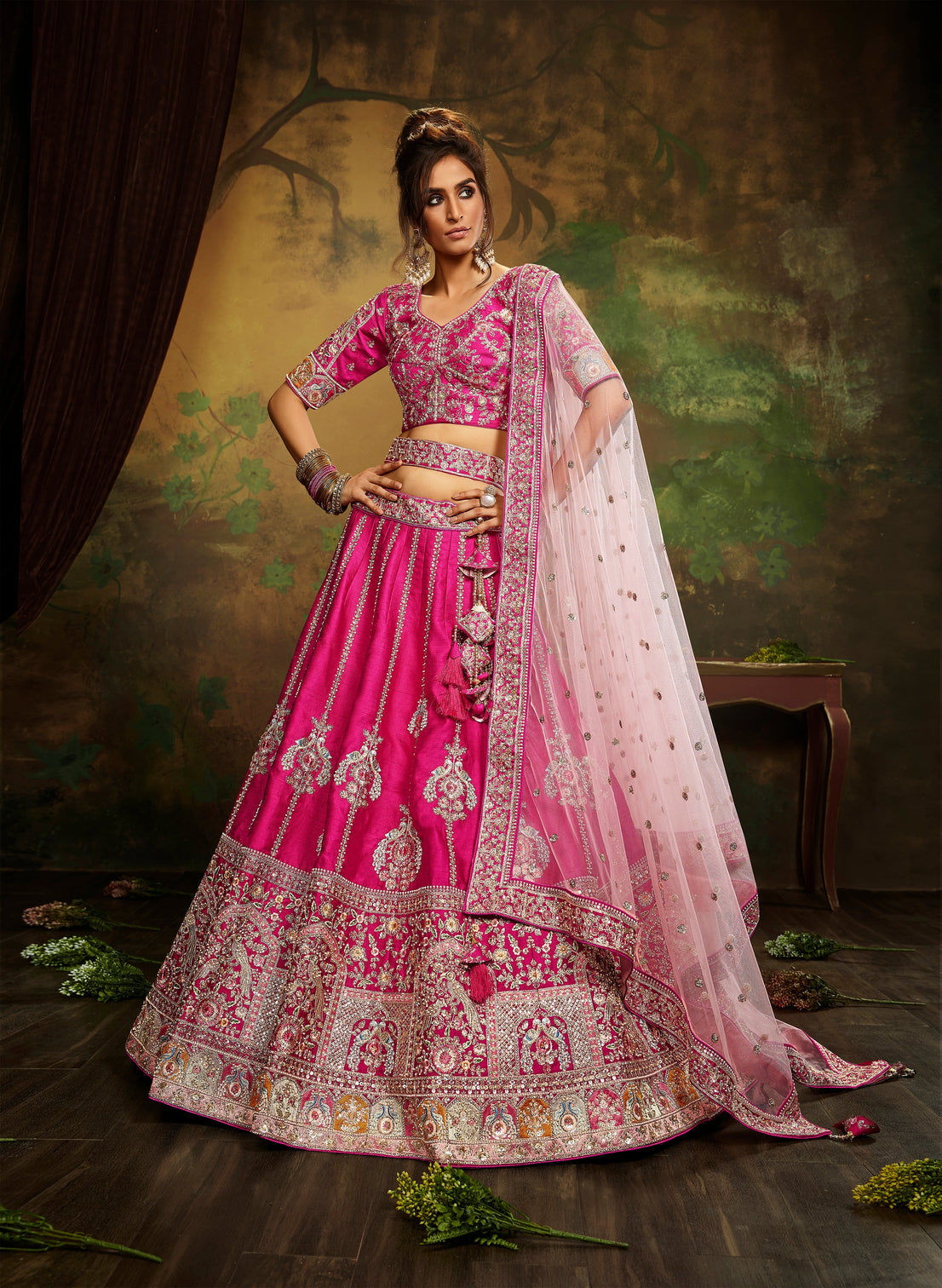 Pink Pure Silk Moti & Zarkan heavy embroidery Semi-Stitched Lehenga choli & Dupatta