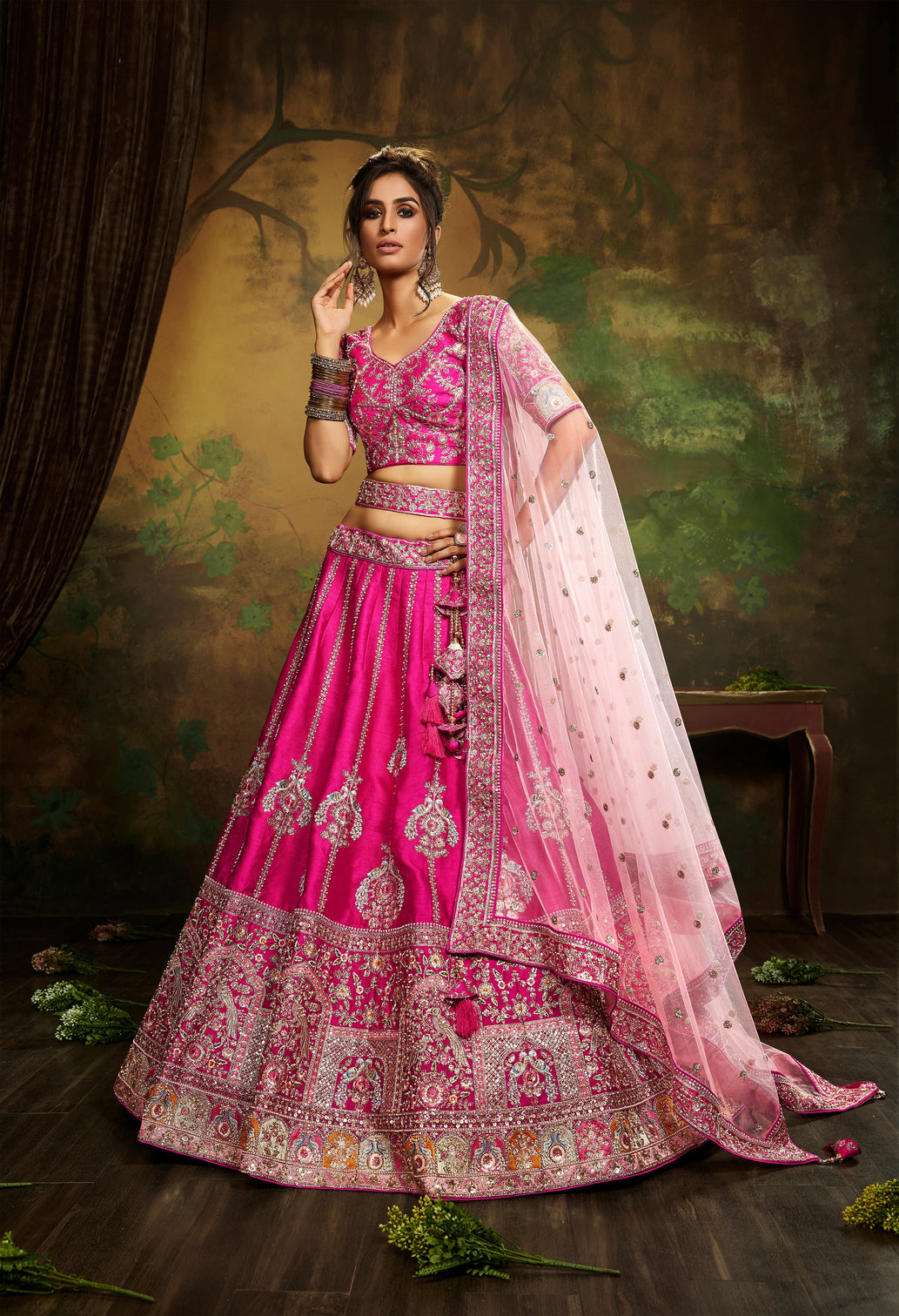 Pink Pure Silk Moti & Zarkan heavy embroidery Semi-Stitched Lehenga choli & Dupatta