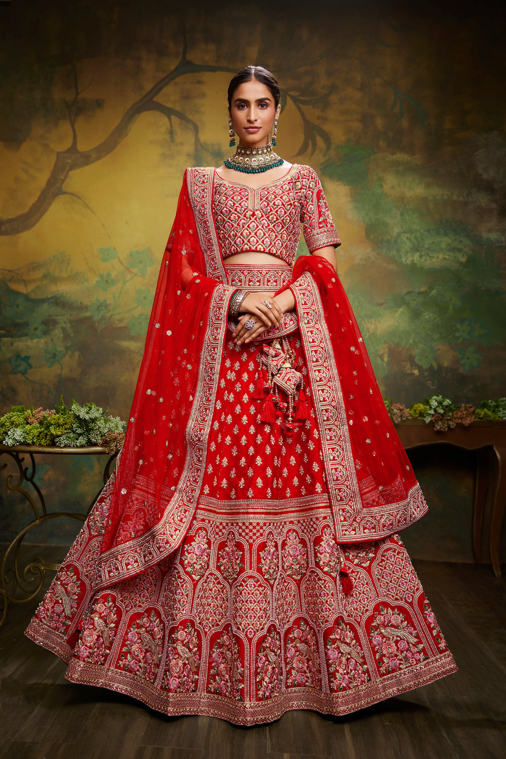 Pink Pure Silk Moti & Zarkan heavy embroidery Semi-Stitched Lehenga choli & Dupatta