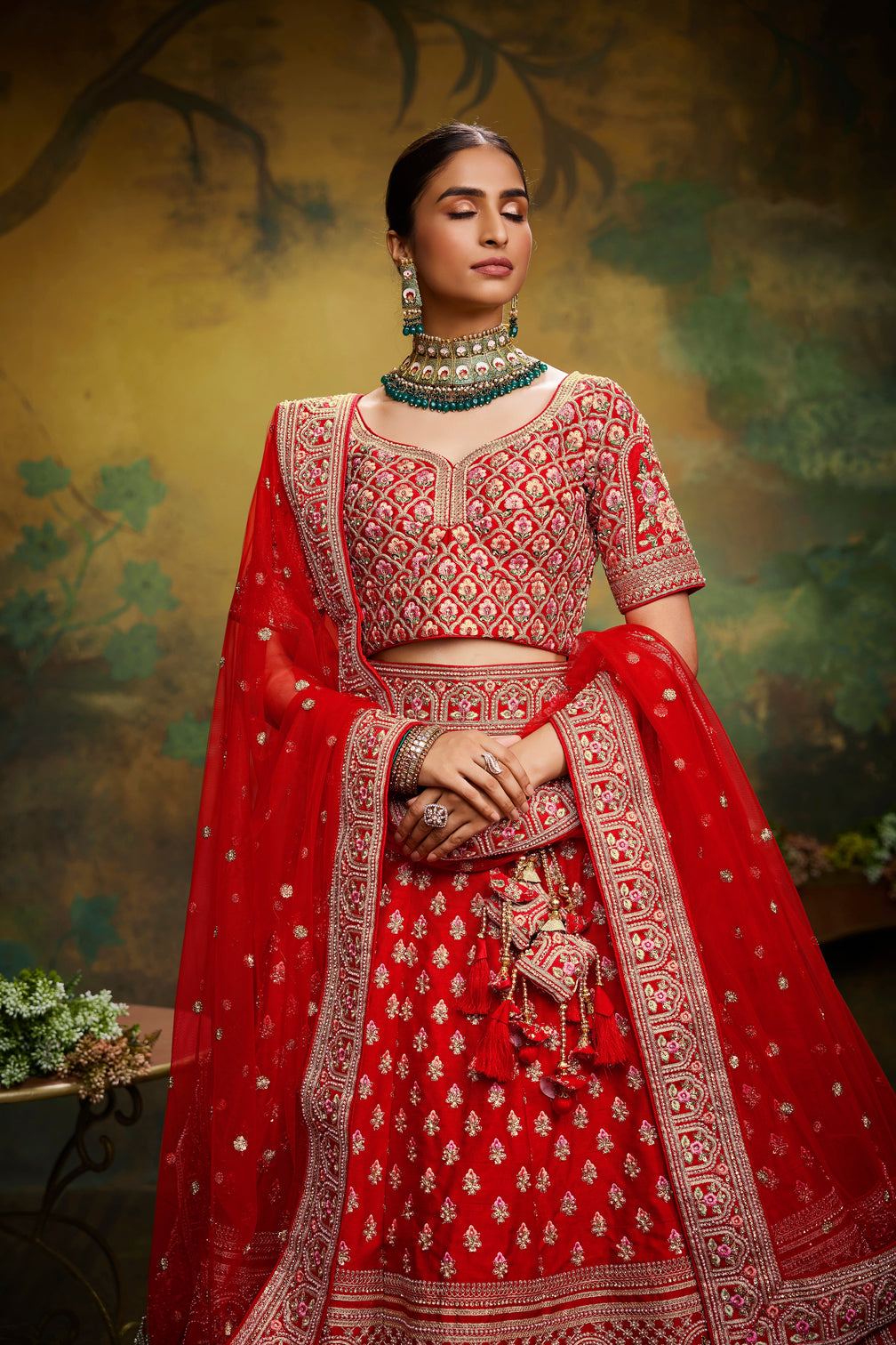 Pink Pure Silk Moti & Zarkan heavy embroidery Semi-Stitched Lehenga choli & Dupatta
