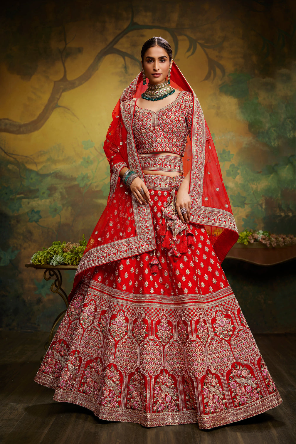 Pink Pure Silk Moti & Zarkan heavy embroidery Semi-Stitched Lehenga choli & Dupatta