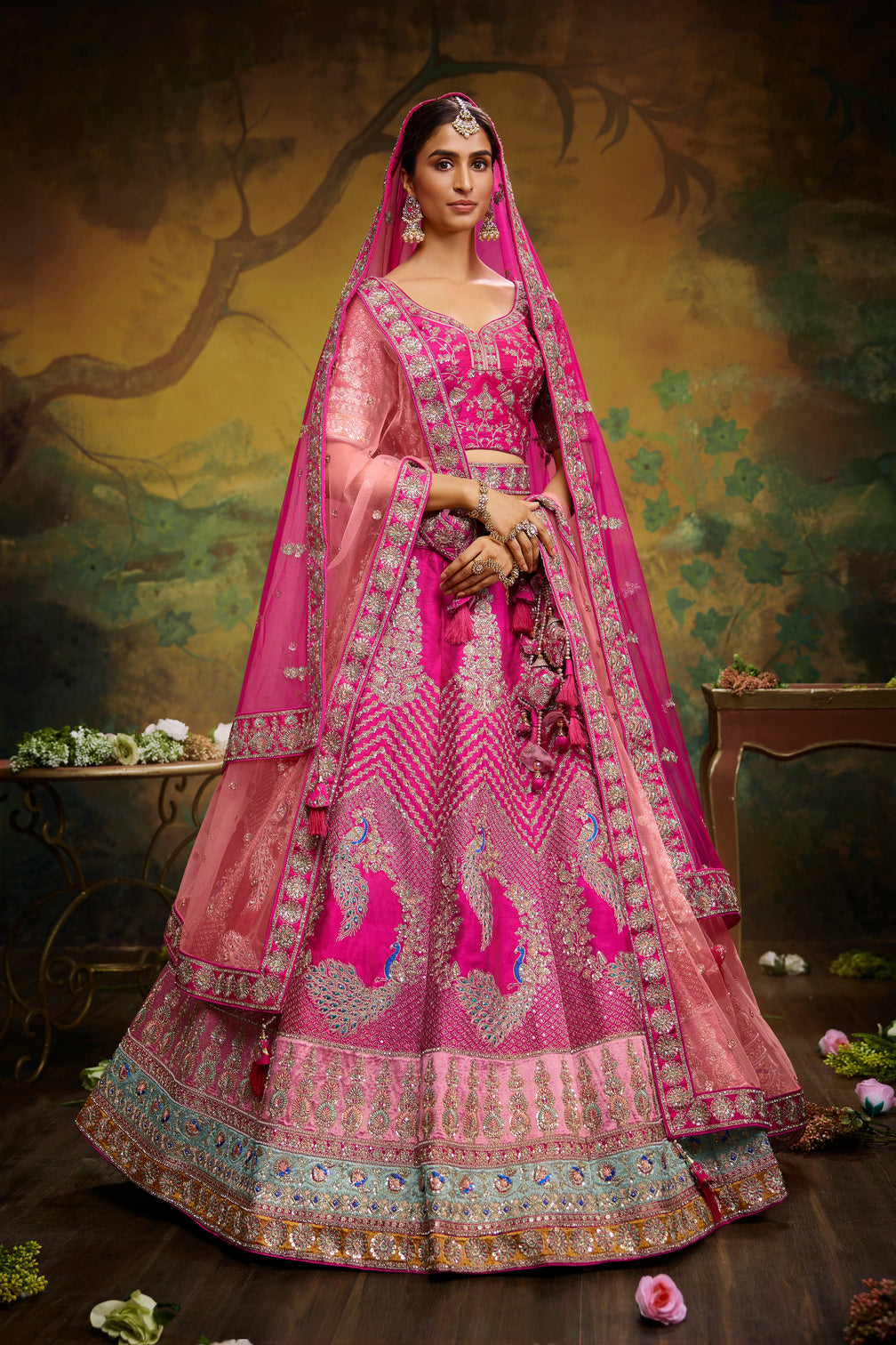 Pink Pure Silk Moti & Zarkan heavy embroidery Semi-Stitched Lehenga choli & Dupatta