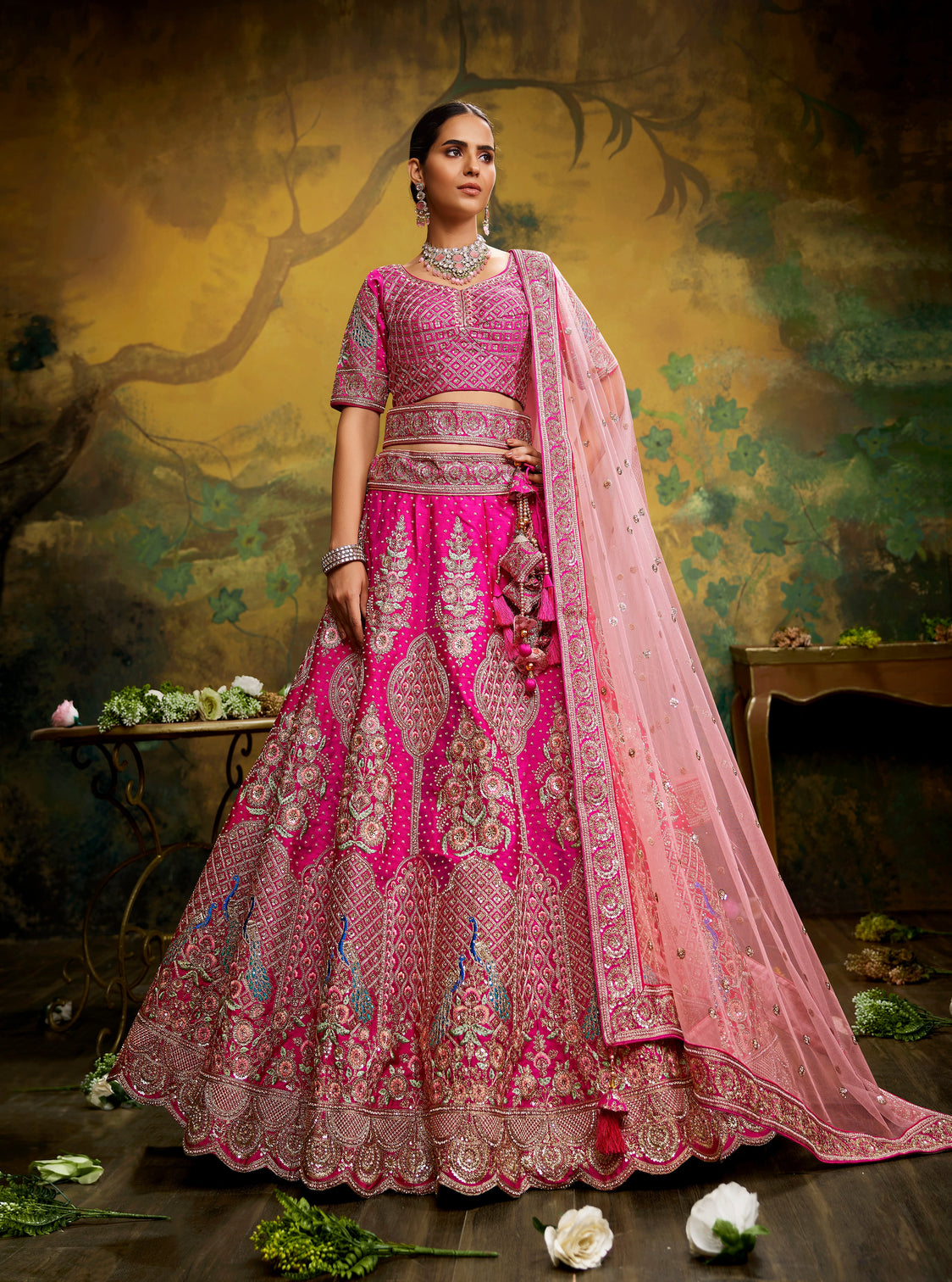 Pink Pure Silk Moti & Zarkan heavy embroidery Semi-Stitched Lehenga choli & Dupatta