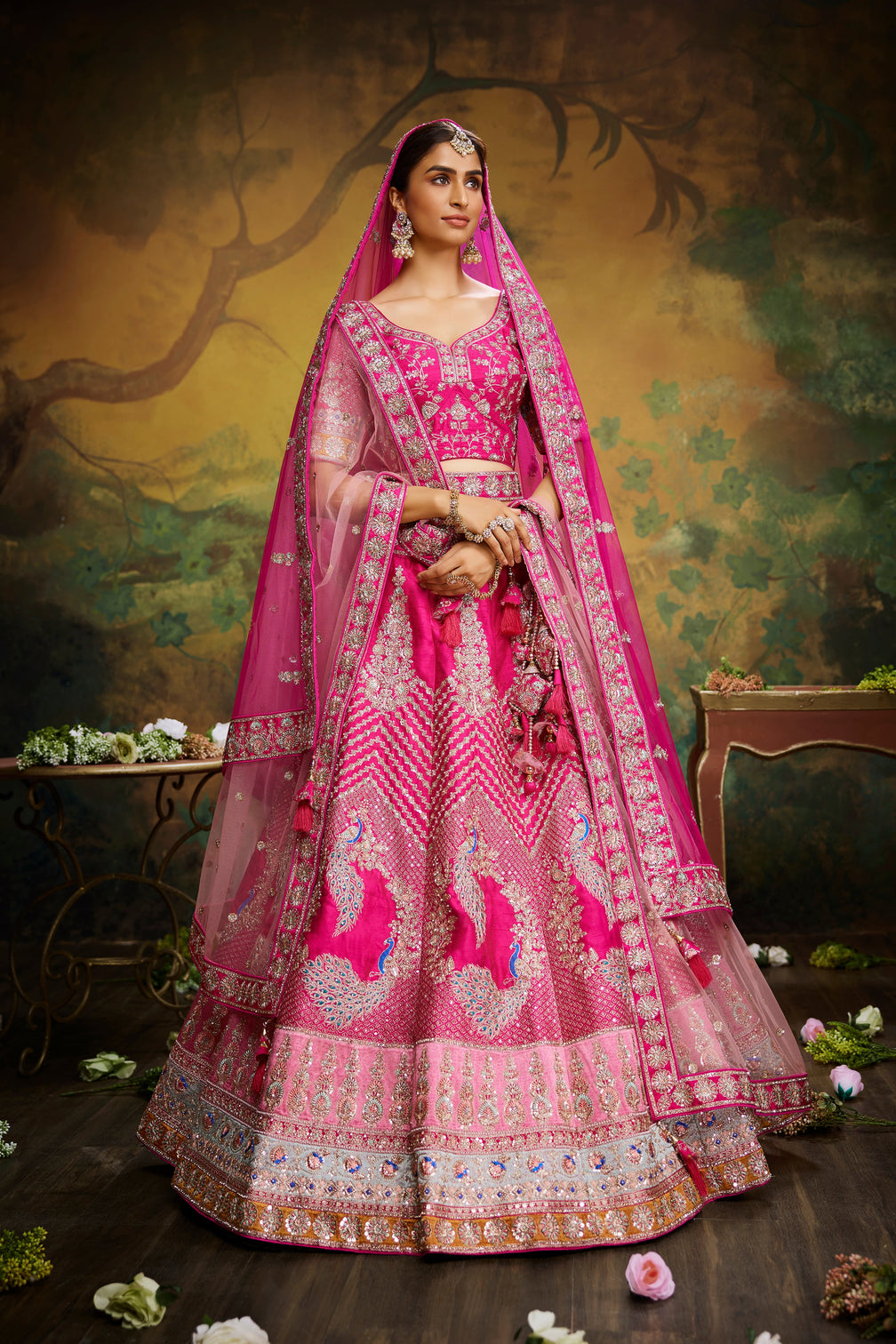 Pink Pure Silk Moti & Zarkan heavy embroidery Semi-Stitched Lehenga choli & Dupatta