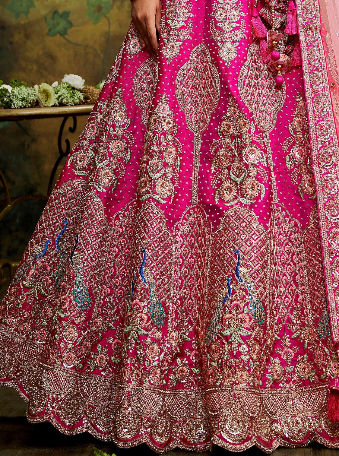 Pink Pure Silk Moti & Zarkan heavy embroidery Semi-Stitched Lehenga choli & Dupatta