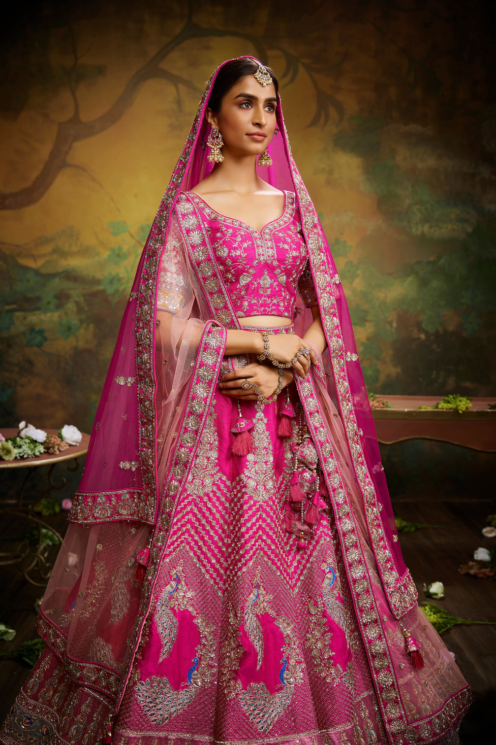 Pink Pure Silk Moti & Zarkan heavy embroidery Semi-Stitched Lehenga choli & Dupatta