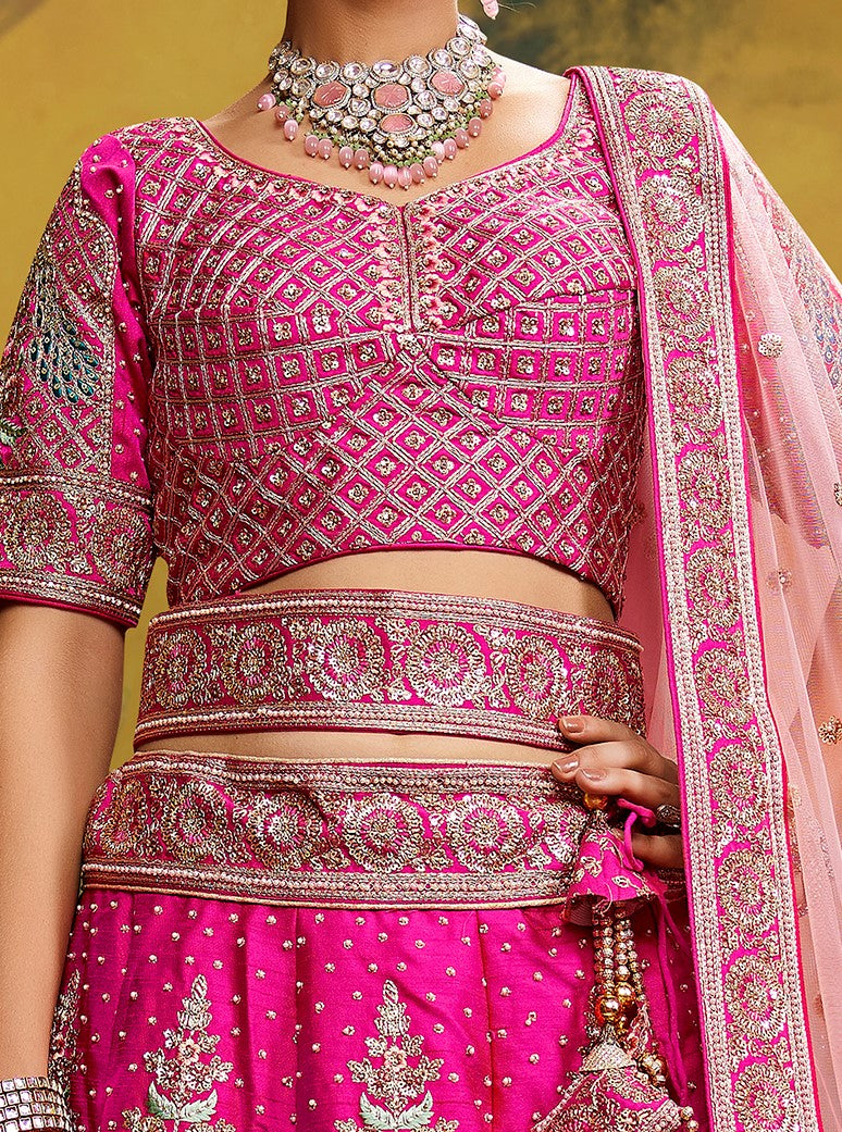 Pink Pure Silk Moti & Zarkan heavy embroidery Semi-Stitched Lehenga choli & Dupatta