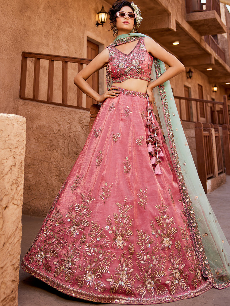 Pink Pure Tissue Semi-Stitched Lehenga Choli Set with Zarkan
