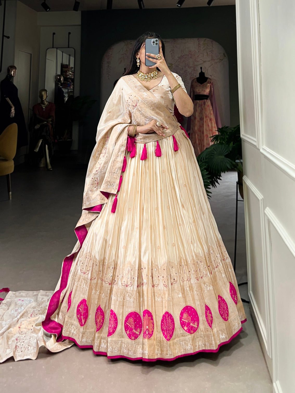 Pink Radiant Shimmer Mirror & Beads Handwork Lehenga Set