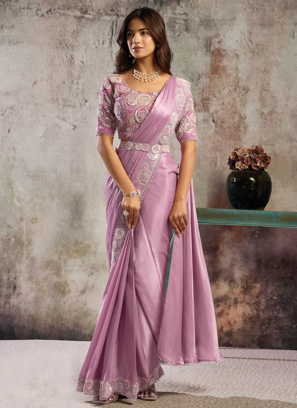 Pink satin ready to wear saree with sequins multi beads detailing