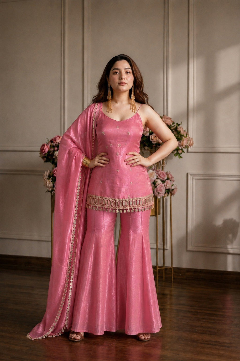 Pink Real Mirror Work Sharara Suit