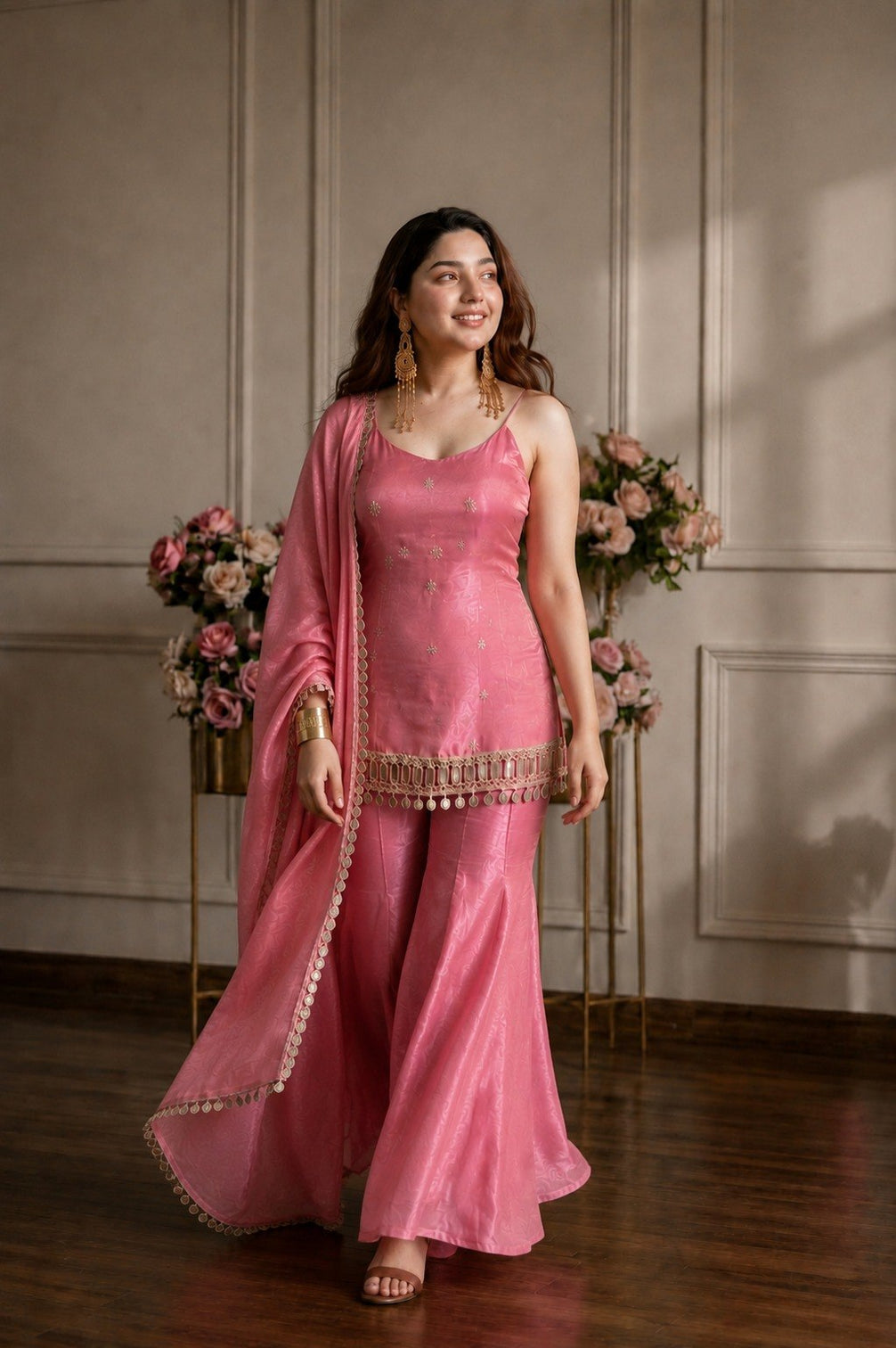 Pink Real Mirror Work Sharara Suit