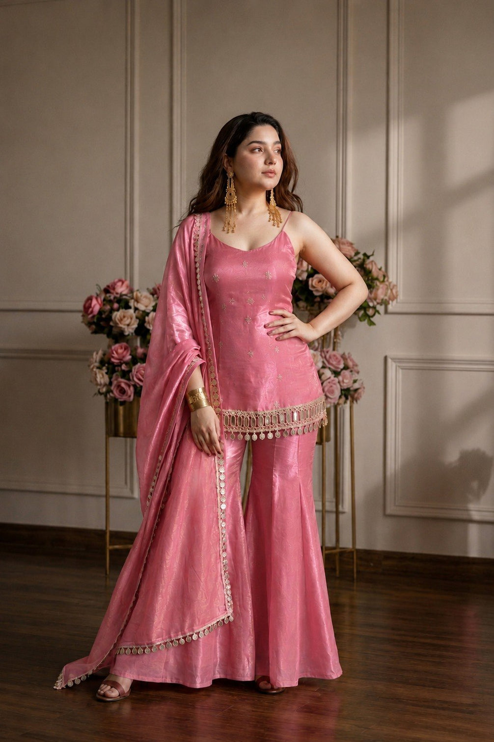 Pink Real Mirror Work Sharara Suit