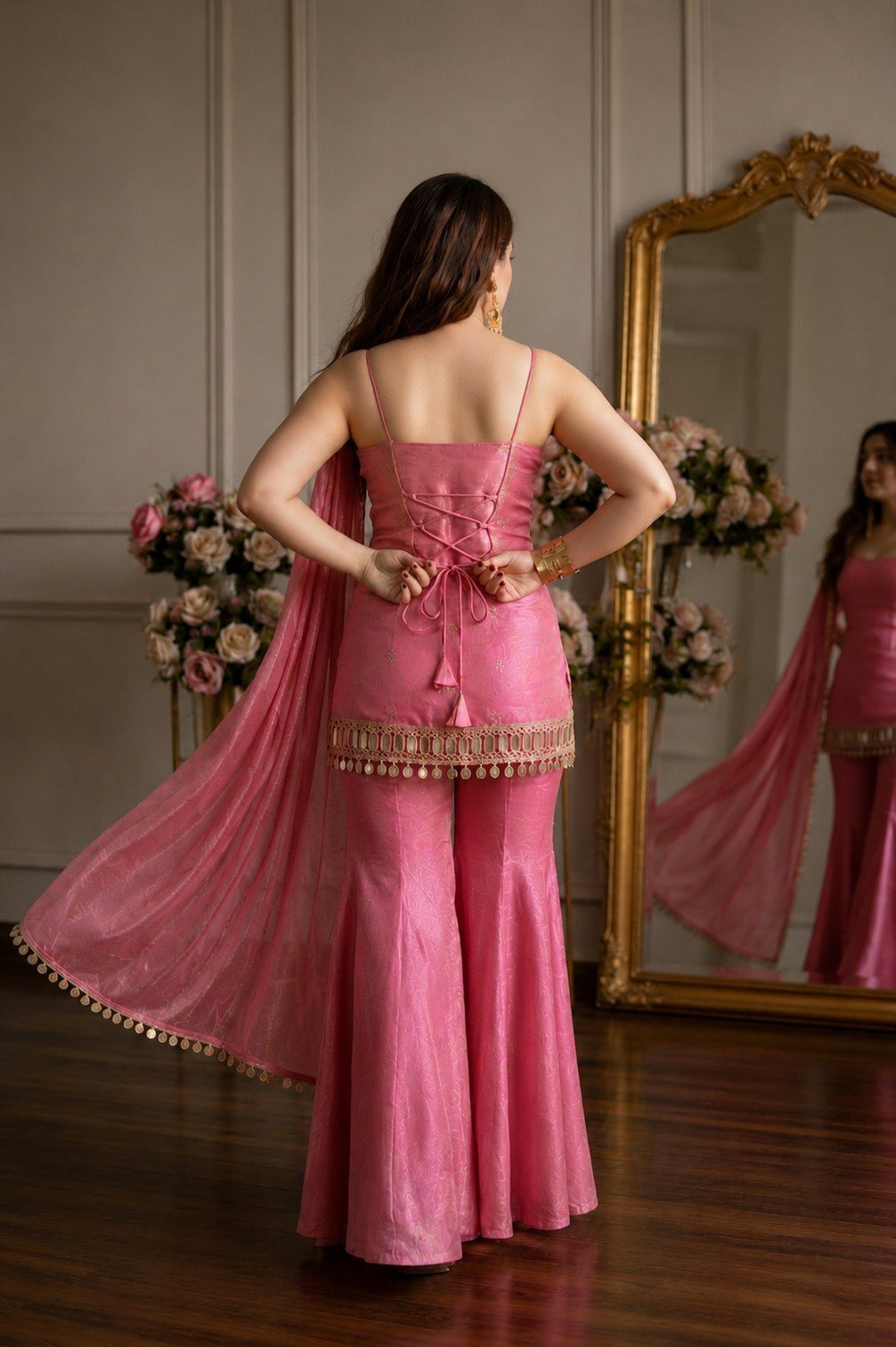 Pink Real Mirror Work Sharara Suit