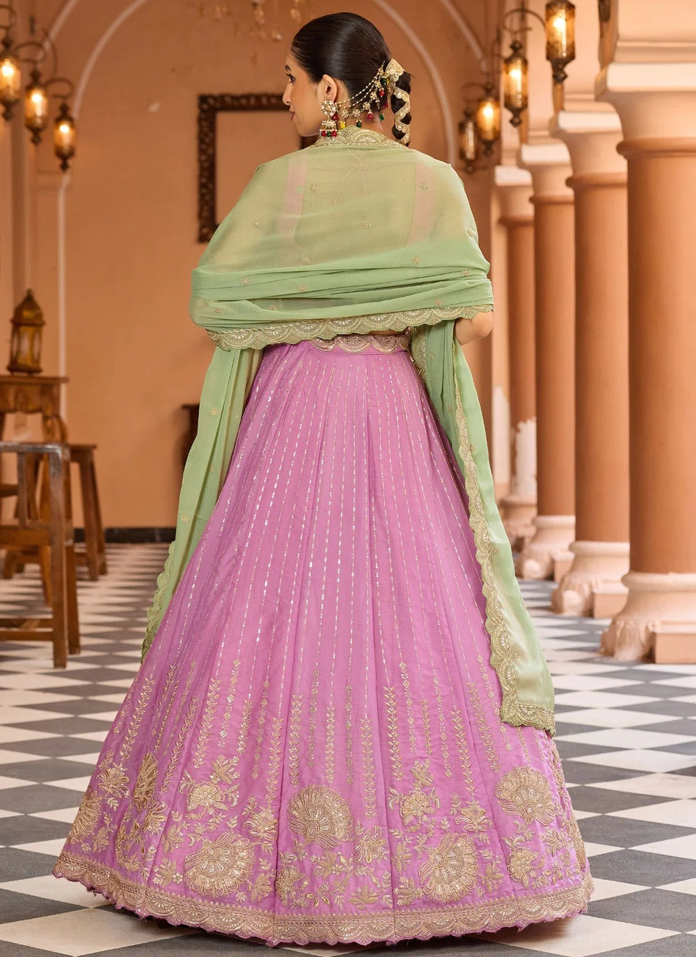 Pink ring ceremony lehenga in tissue silk with zari sequins embroidery