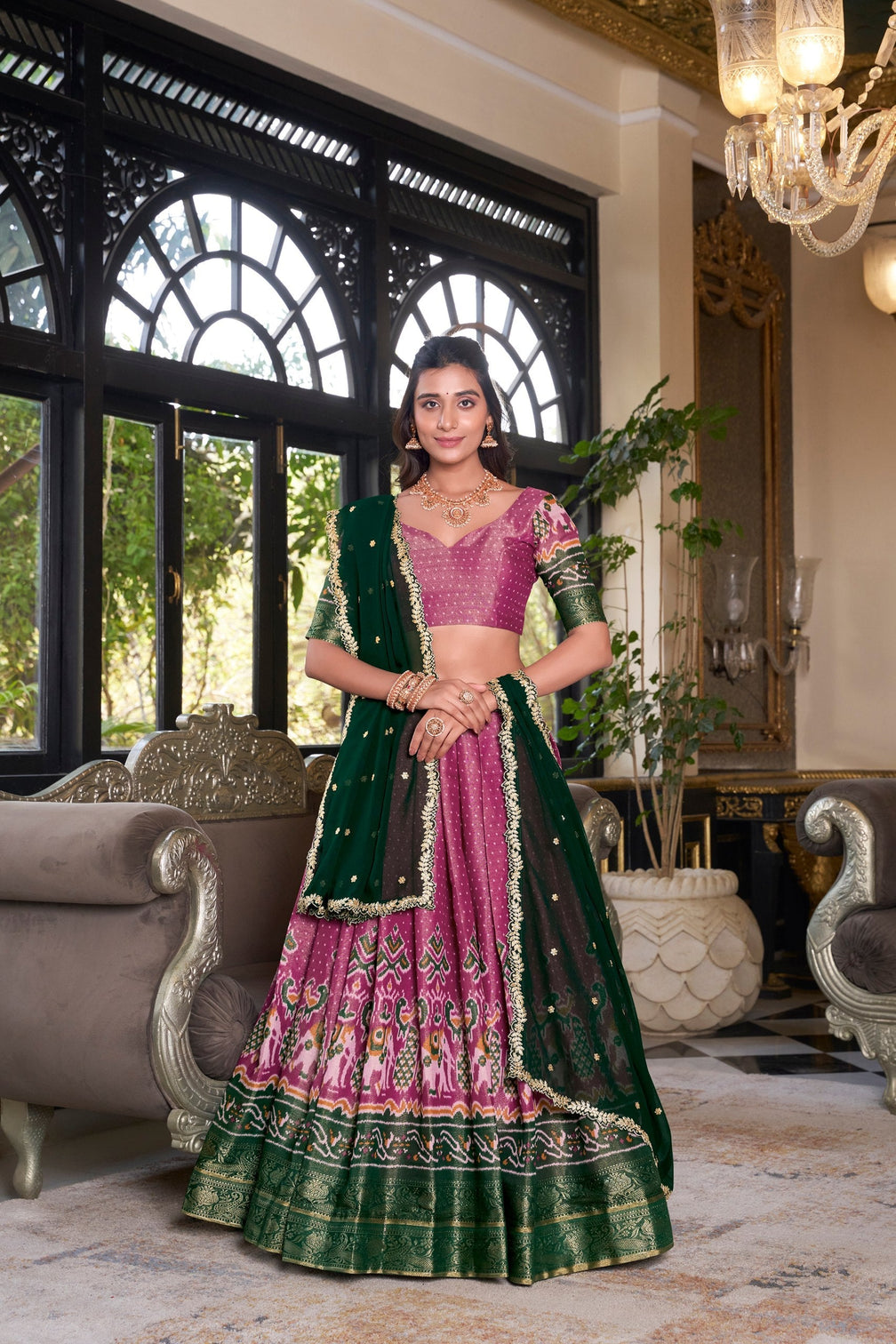 Pink Regal Kanchipuram Zari Woven Lehenga Set with Embroidered Georgette Dupatta – Stitched Lehenga & Unstitched Blouse