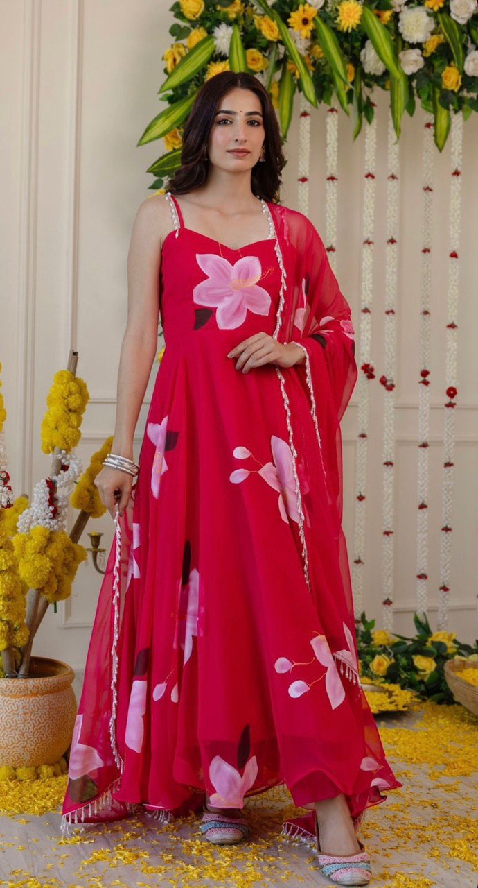 Pink Exclusive Digital Print Organza Silk Anarkali Suit