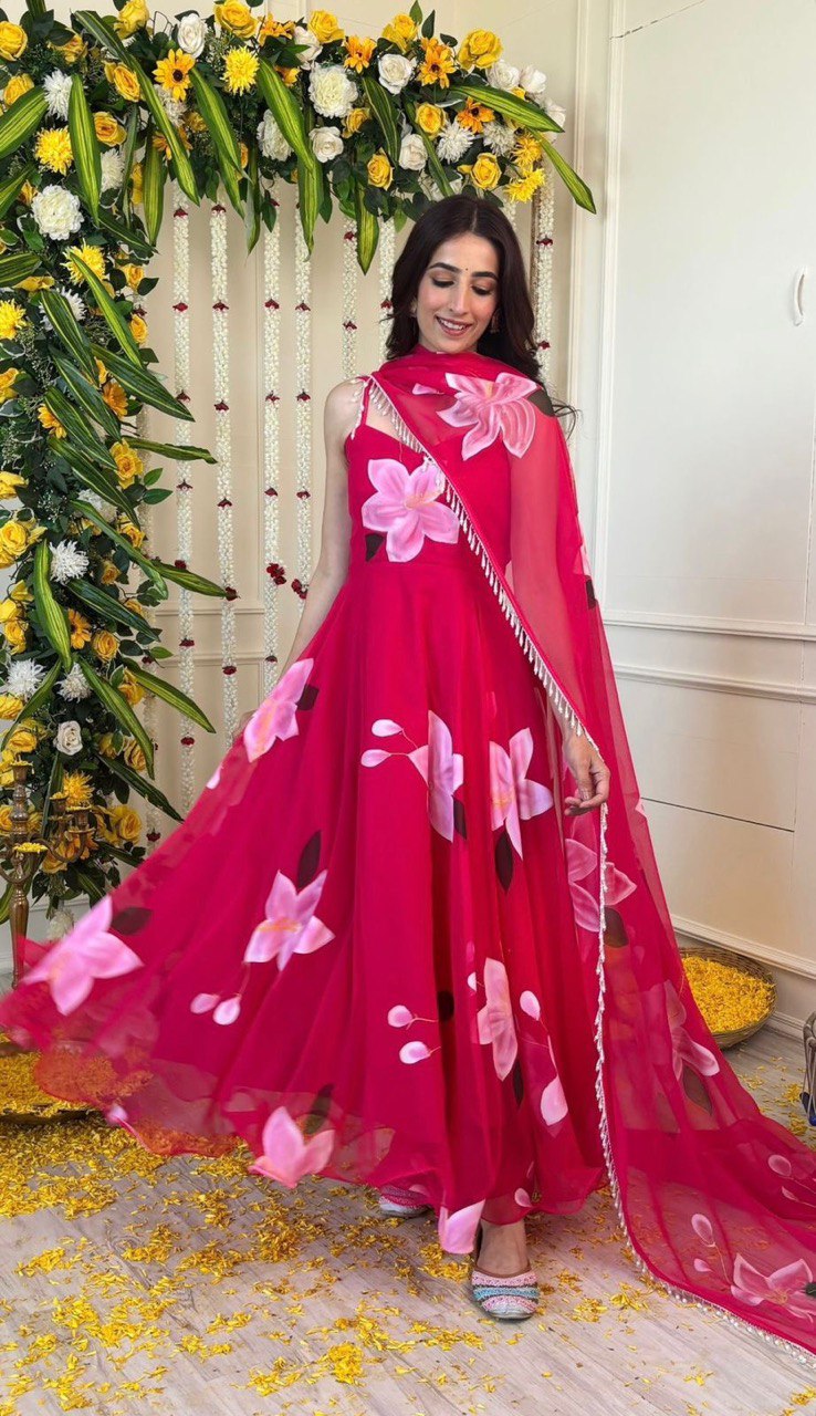Pink Exclusive Digital Print Organza Silk Anarkali Suit
