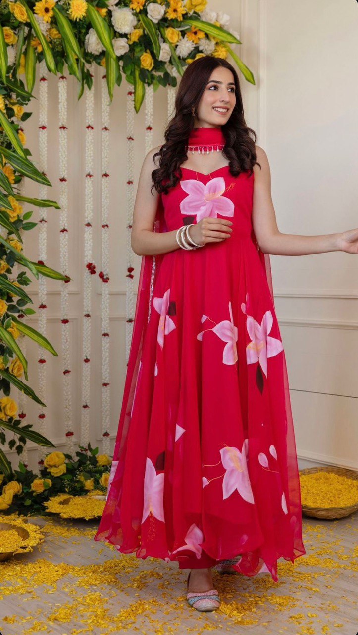 Pink Exclusive Digital Print Organza Silk Anarkali Suit