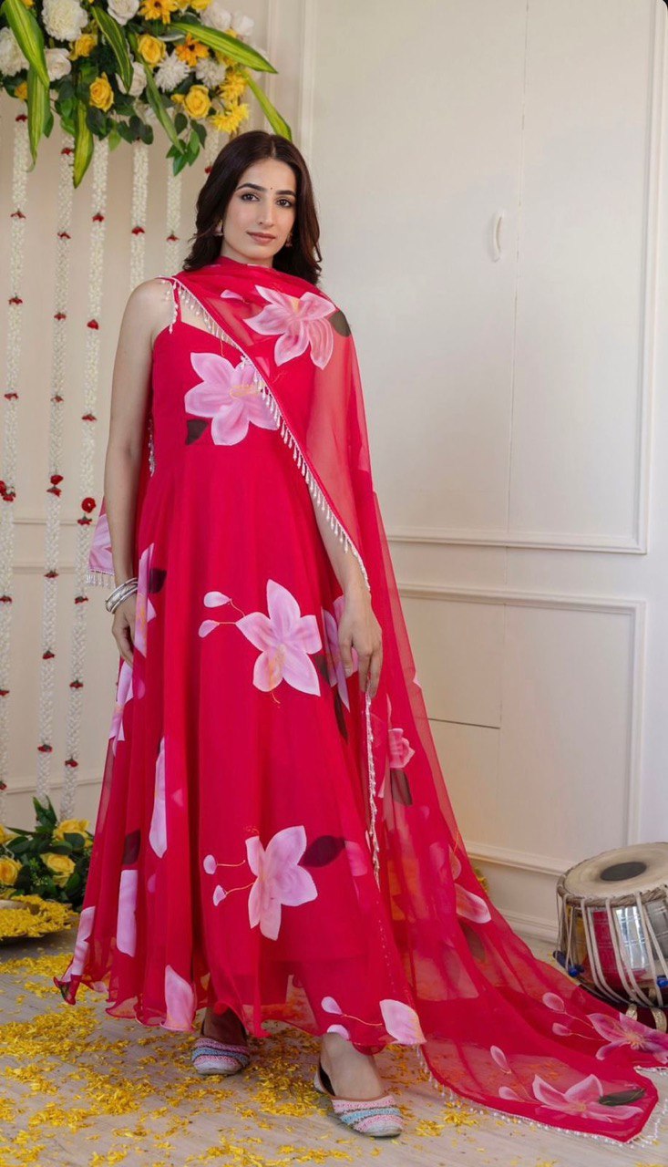 Pink Exclusive Digital Print Organza Silk Anarkali Suit