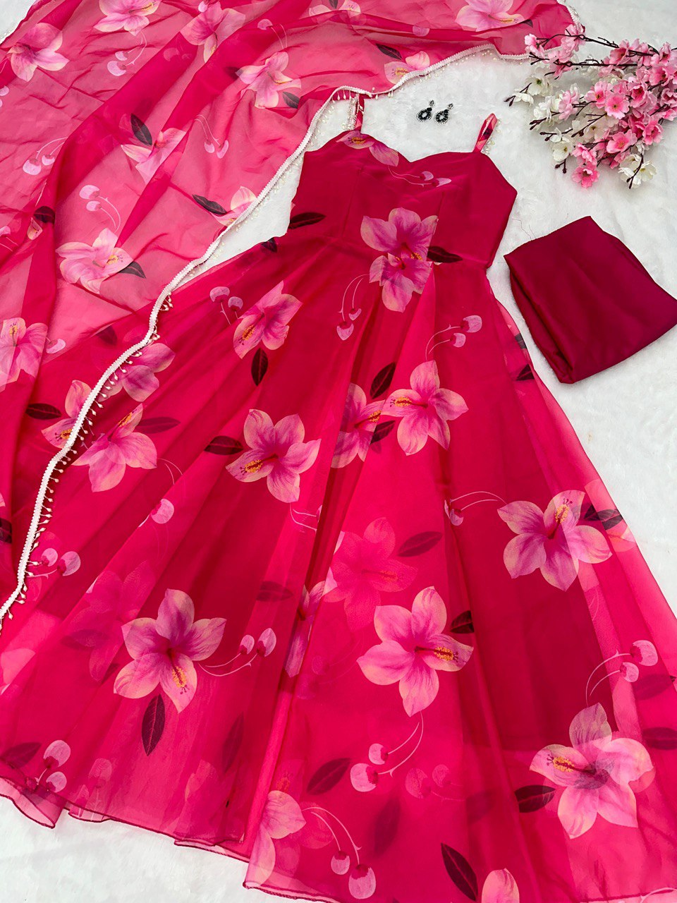 Pink Exclusive Digital Print Organza Silk Anarkali Suit