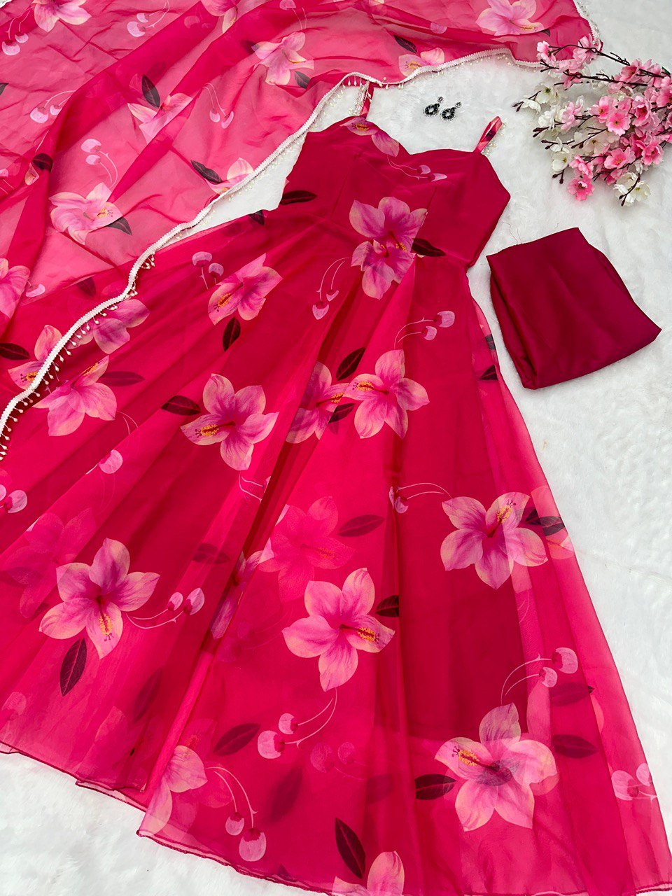 Pink Exclusive Digital Print Organza Silk Anarkali Suit