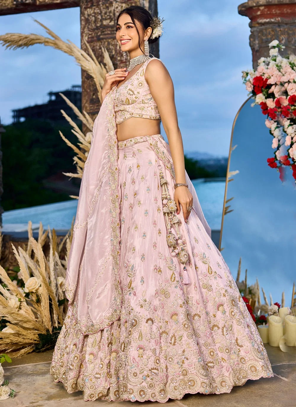 Pink tissue engagement lehenga with sequins coding embroidery work