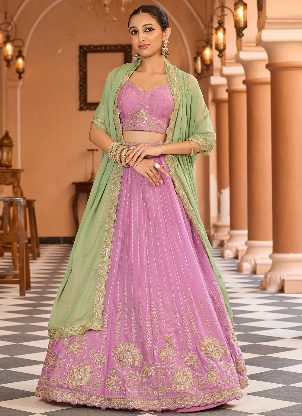 Pink ring ceremony lehenga in tissue silk with zari sequins embroidery