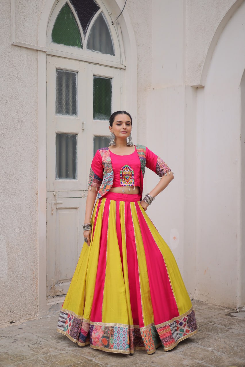 Pink Roman Maslin Crochet Print Lehenga with Koti Style Embroidered Top