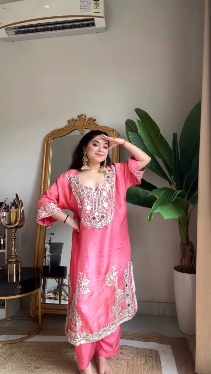 Pink Roman Silk Embroidered Sequin & Mirror Work Top with Matching Pant Set