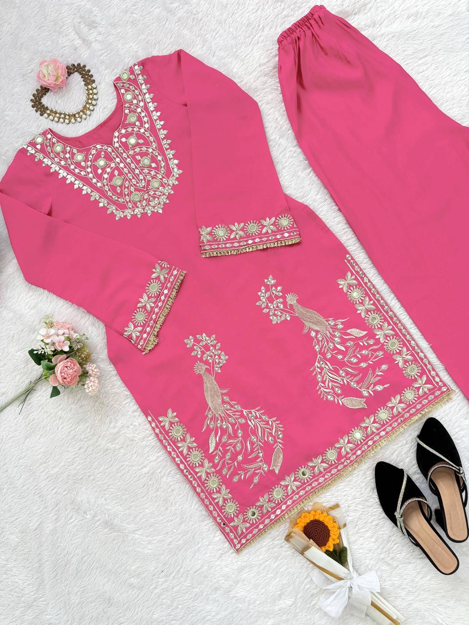 Pink Roman Silk Embroidered Sequin & Mirror Work Top with Matching Pant Set