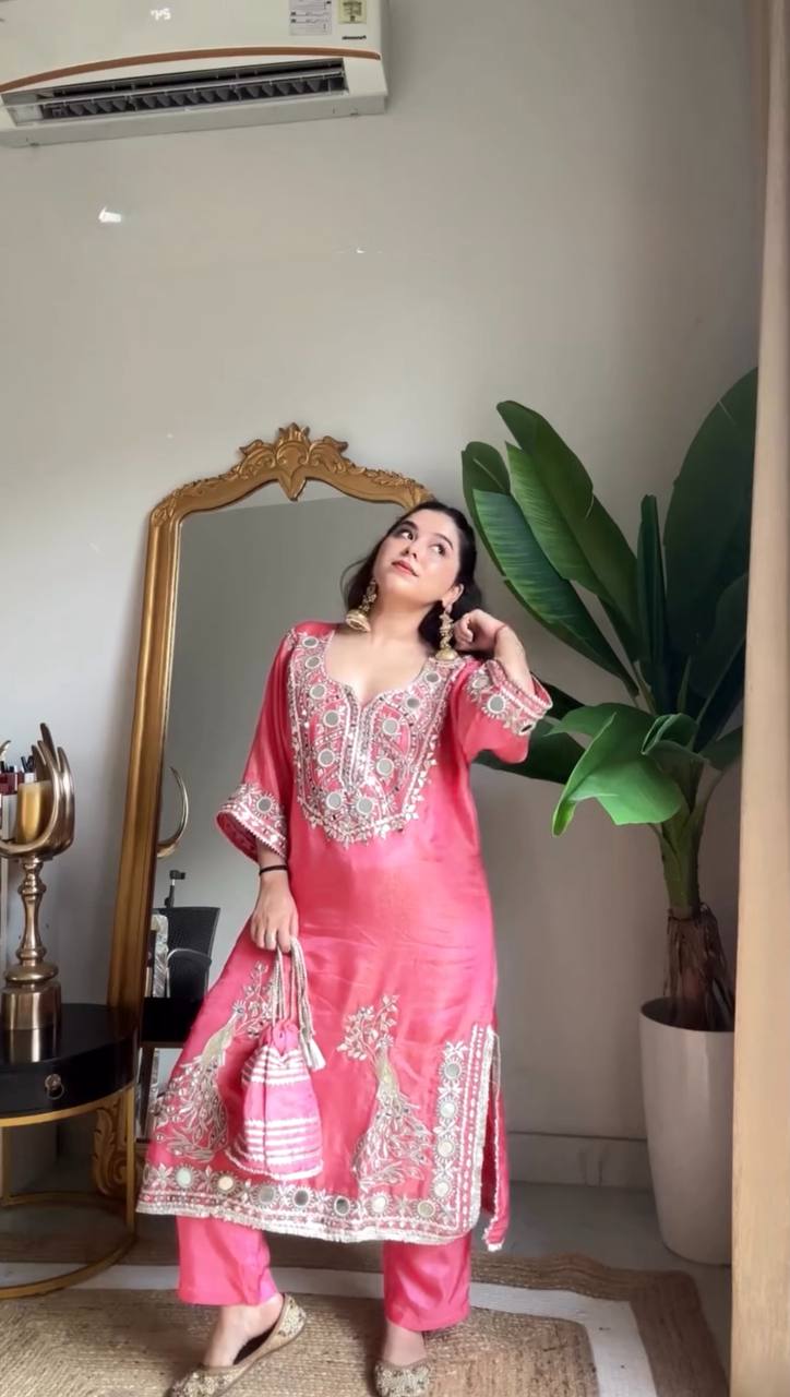 Pink Roman Silk Embroidered Sequin & Mirror Work Top with Matching Pant Set