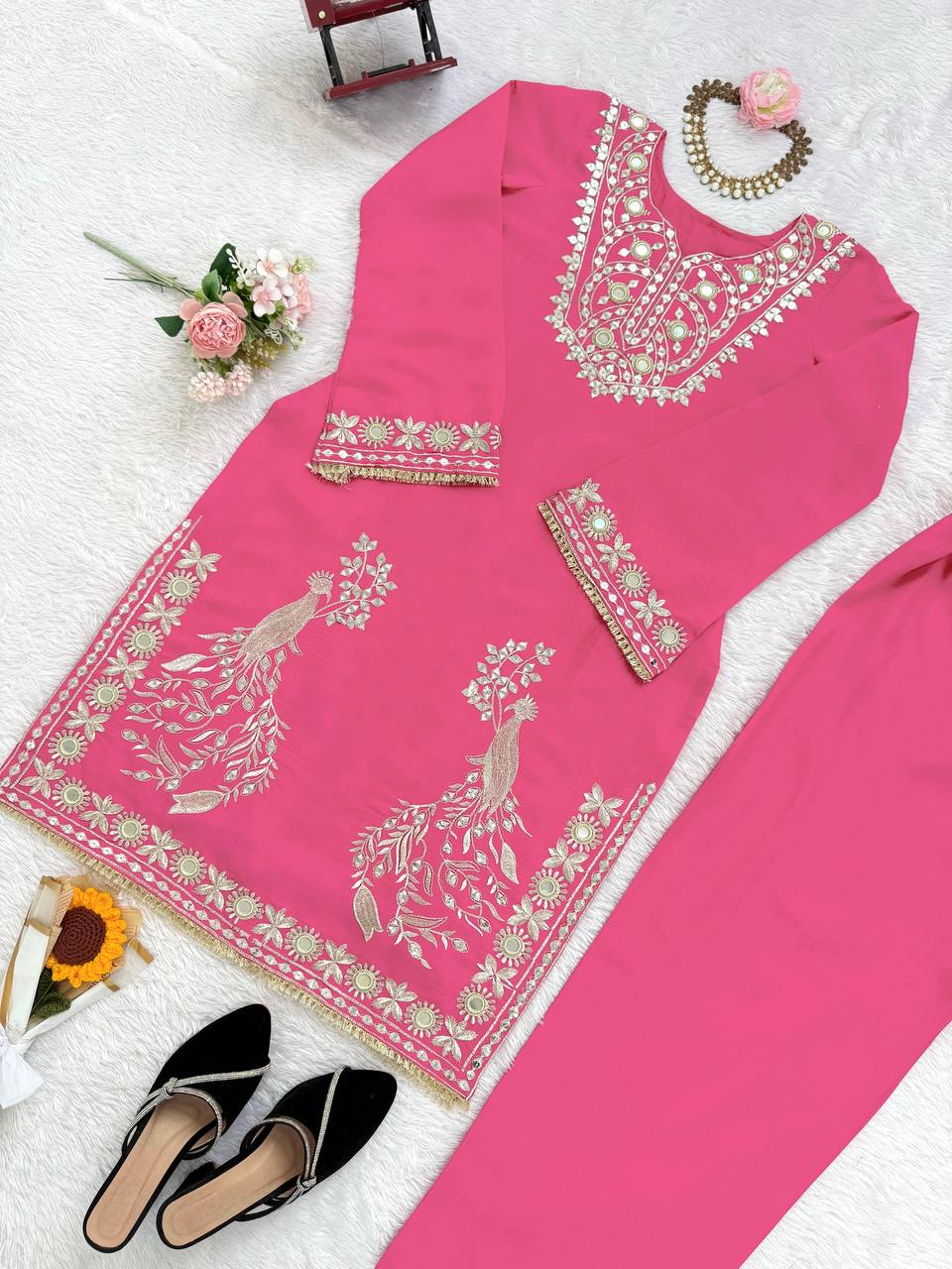 Pink Roman Silk Embroidered Sequin & Mirror Work Top with Matching Pant Set