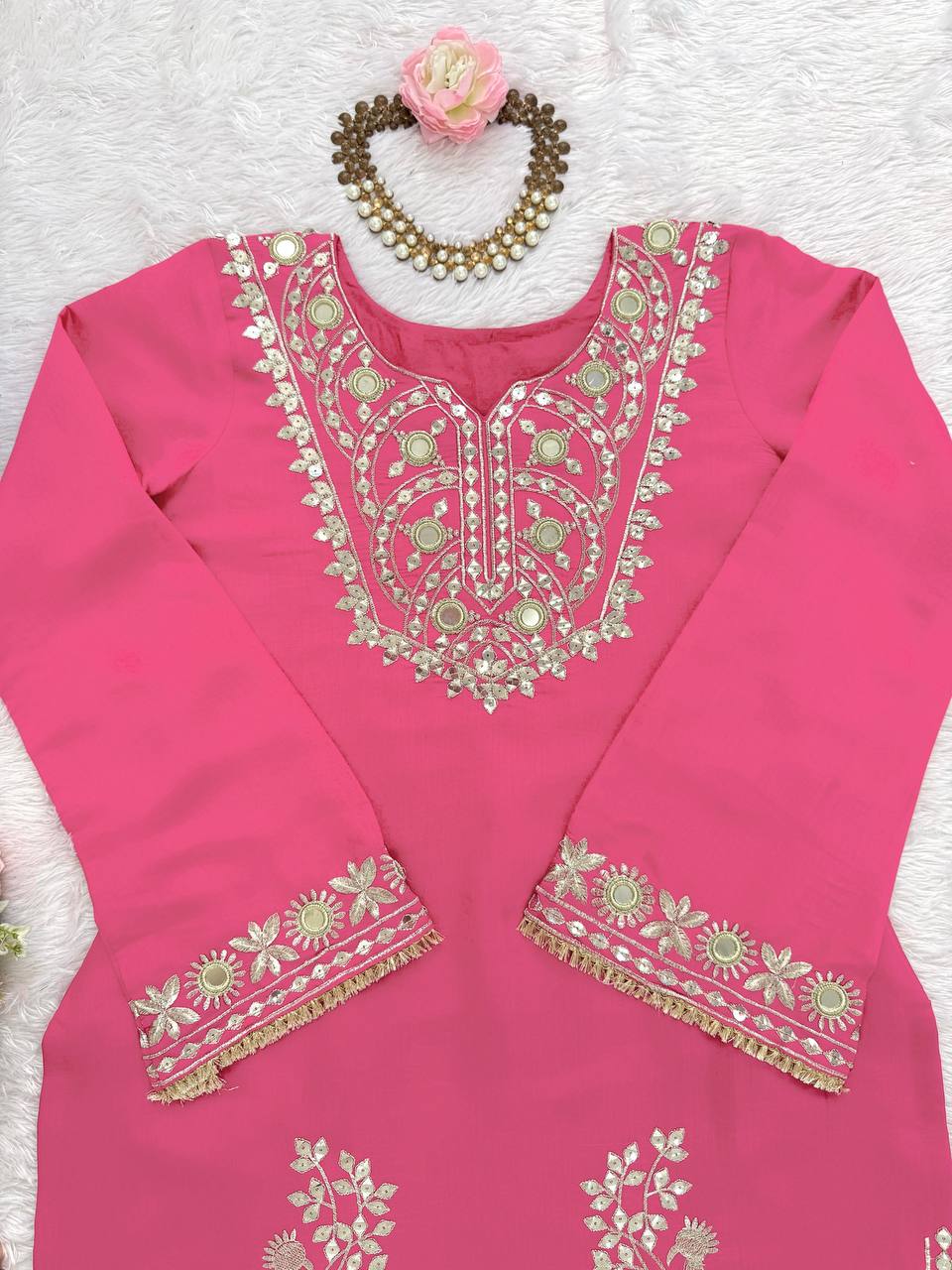 Pink Roman Silk Embroidered Sequin & Mirror Work Top with Matching Pant Set
