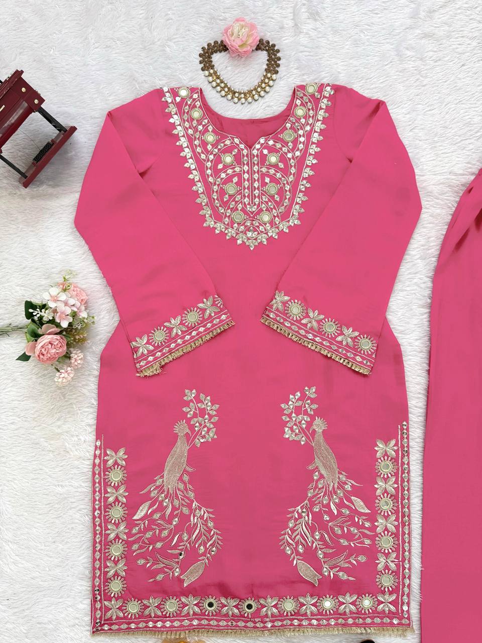 Pink Roman Silk Embroidered Sequin & Mirror Work Top with Matching Pant Set