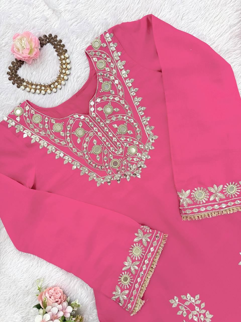 Pink Roman Silk Embroidered Sequin & Mirror Work Top with Matching Pant Set