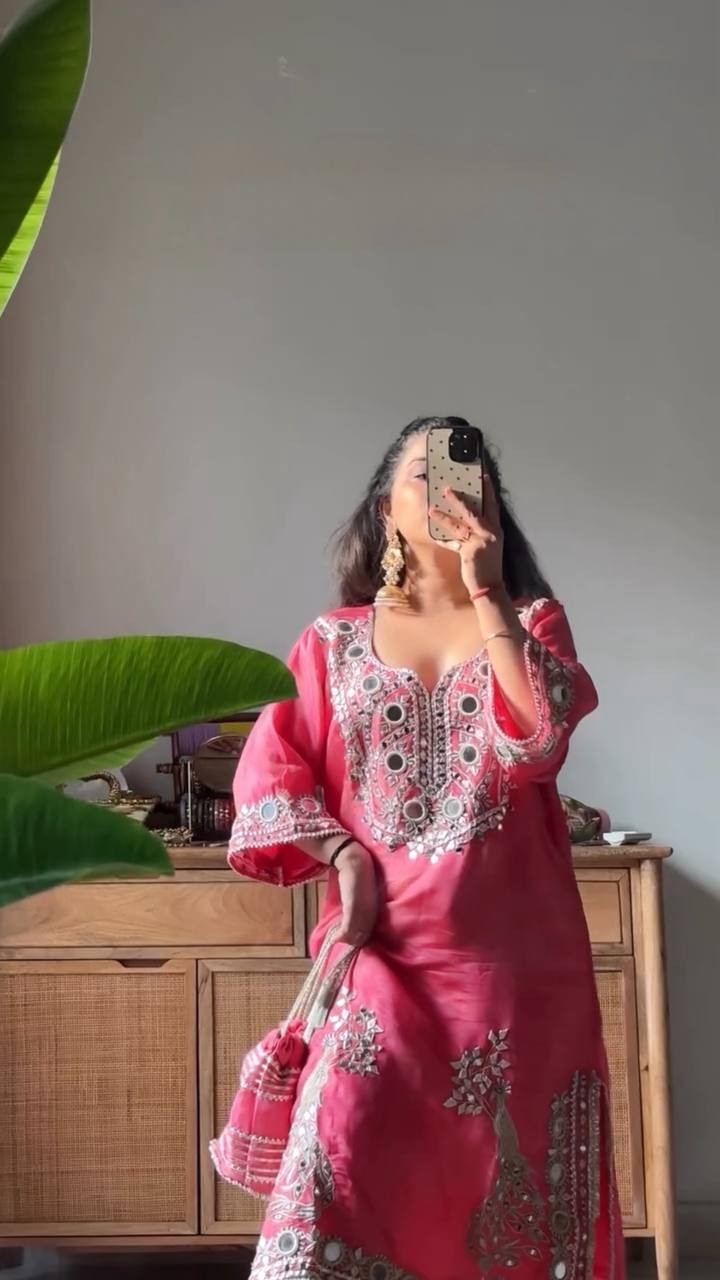 Pink Roman Silk Embroidered Sequin & Mirror Work Top with Matching Pant Set